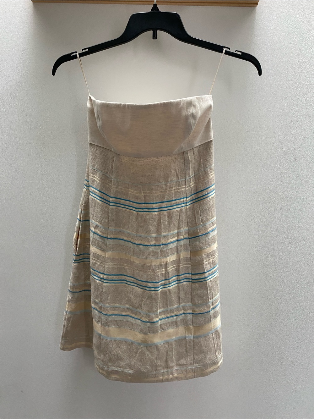Strapless Beige Linen and Silk Blend Mini Dress with Blue Stripe Detail